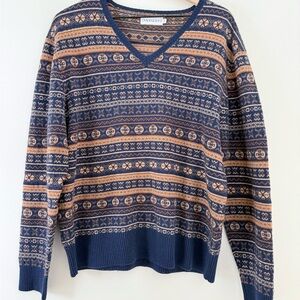 Ovadia and Sons Wool and Cashmere Preppy Fair Isle Sweater in Blue and Tan XL
